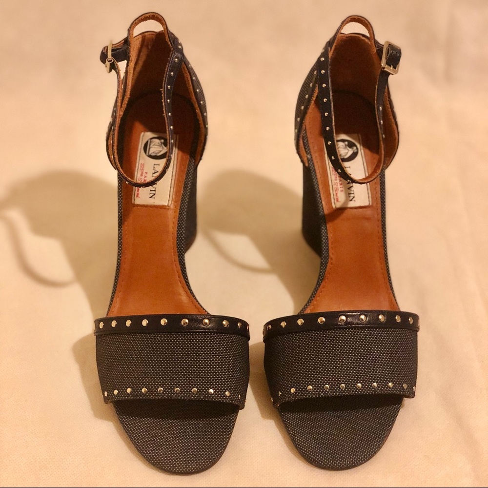 LANVIN Studded Leather-trimmed Denim Wedge